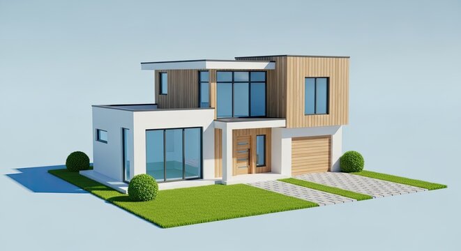 A modern, minimalist house with a white exterior and wooden accents, featuring large glass windows and a wooden garage door.
