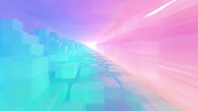 Abstract neon cube tunnel motion background: futuristic digital data flow and cyber space travel