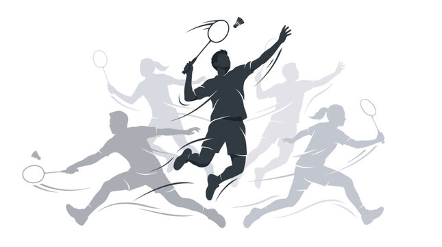 Group of athletic badminton players performing dynamic jumps and swings in a modern minimalist style illustration