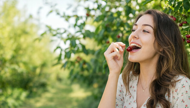 Young woman eats a ripe cherry with a smile among green trees in an orchard. The scene conveys summer enjoyment and fresh fruit picking outdoors.