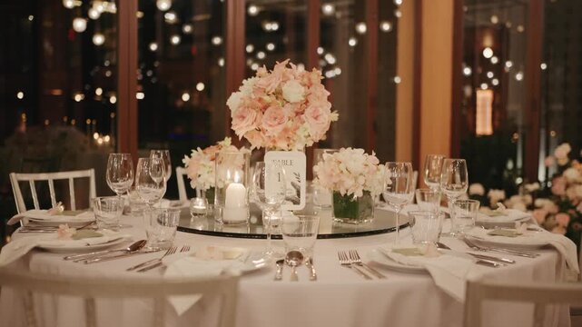 An elegant dinner table setup at a wedding reception, featuring a table number card, pink floral centerpiece, and candlelight, creating an intimate and sophisticated dining experience.