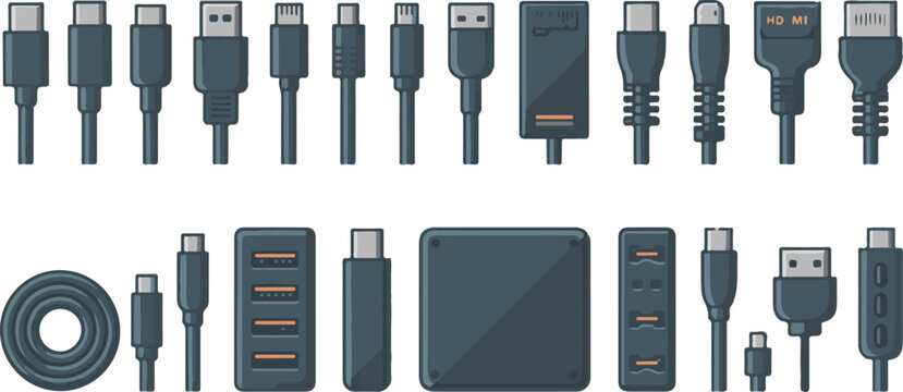 Electronic cable connector set with usb type c micro usb and hdmi plugs for digital devices and peripheral computer accessories.
