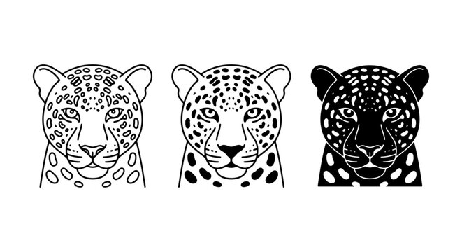 Leopard Head Icons, Stylized Big Cat Faces, Vector Animal Portraits, Black and White Wildlife Graphics