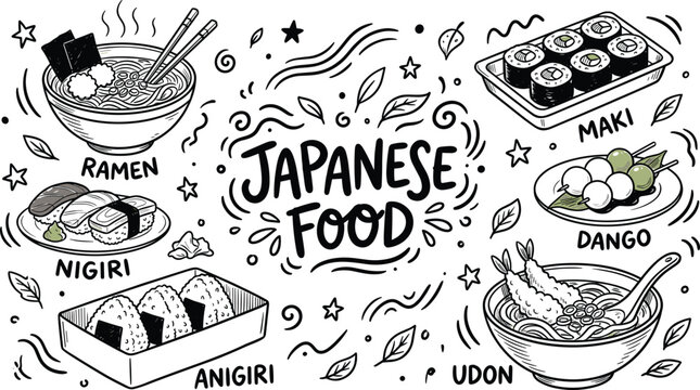 Japanese food doodle collection featuring traditional cuisine elements ramen noodles maki sushi rolls nigiri udon soup dango and onigiri vector illustrations.