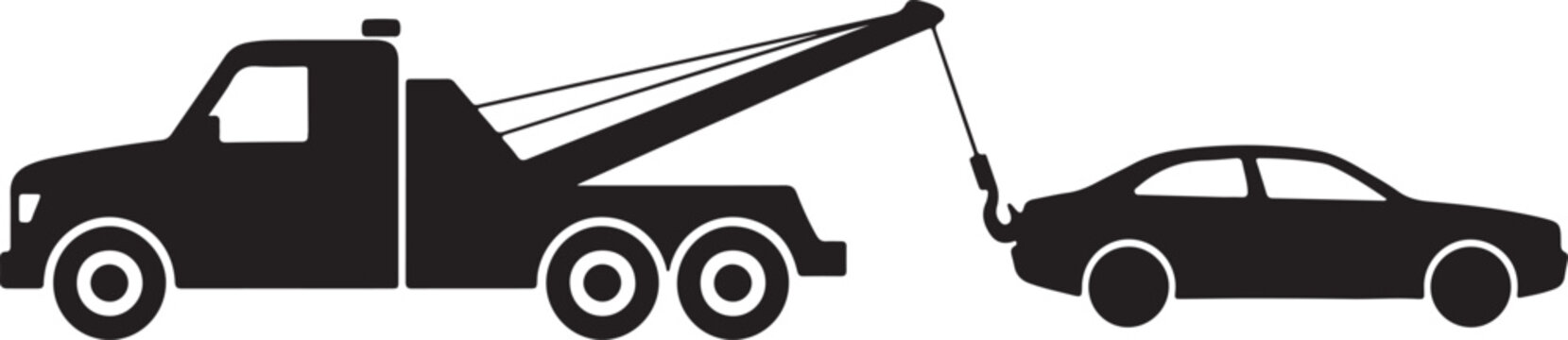 Black silhouette of heavy duty tow truck pulling sedan car using cable hook on transparent background for roadside assistance.
