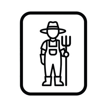 Minimalist farmer line icon vector, agricultural worker with pitchfork in overalls, simple black and white farming character symbol