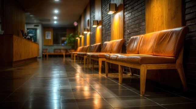 Quiet outpatient surgery waiting room medium shot emphasizing a single visitor in focus the dim ambient light and seating groups softly recede into the background.