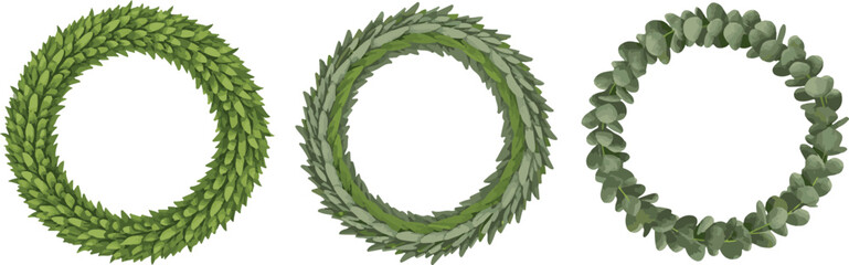 Green leafy wreaths collection with various foliage textures like boxwood and eucalyptus for festive or wedding decor projects. © Kamrun82