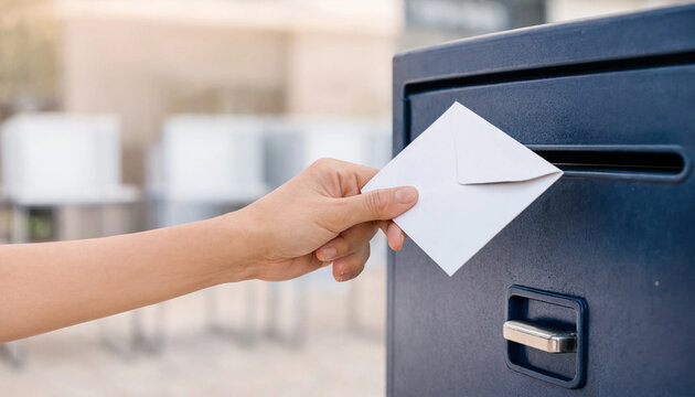 Person inserting a white envelope into a dark mailbox slot outdoors. The image shows a closeup of a hand delivering mail with neutral background and space for text.