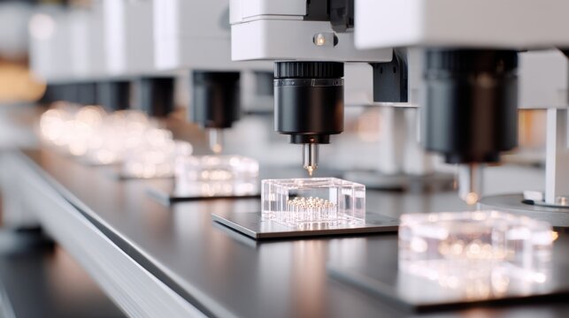Automated laboratory pipetting system dispensing into microplate wells for biotech research and scientific poster and background