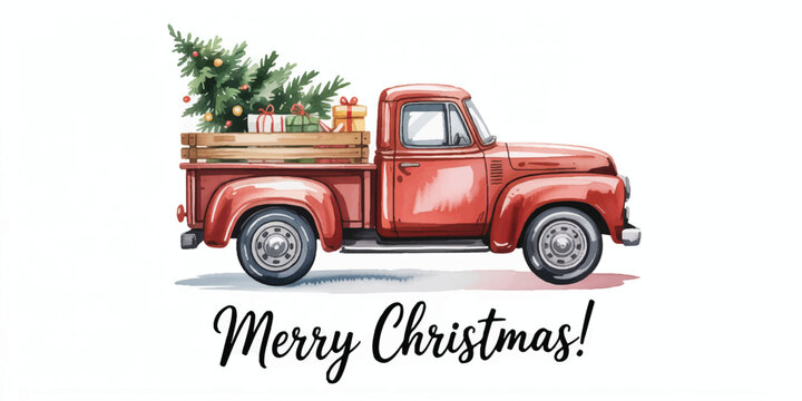 Red classic pickup truck carrying christmas tree and gift boxes with merry christmas text greeting isolated on white background.