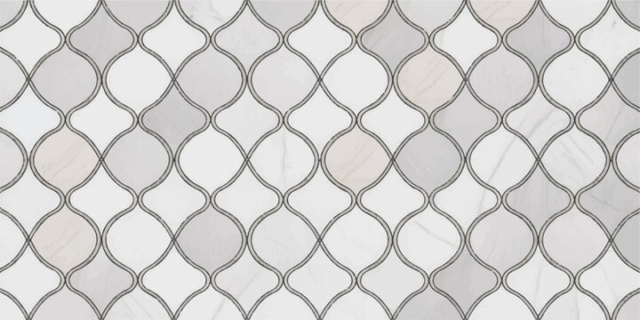 Abstract ogee pattern marble tile texture background with grey and beige stone mosaic shapes and dark grout lines architectural.