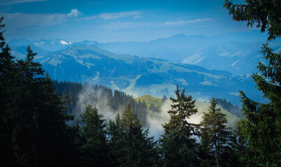Atmospheric mountain scenery with mist drifting through tall evergreen trees and soft blue mountain layers in the distance. A calm and moody nature scene suitable ravel, wellness, and outdoor stories © SveinIvarAsk