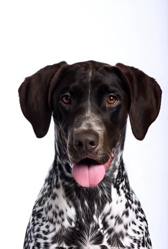 German Shorthair Pointer Dog Portrait Closeup On White Studio Backdrop