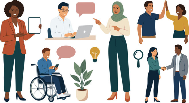 Diverse business people clipart collection featuring teamwork communication leadership inclusion remote work and professional office vector illustration set
