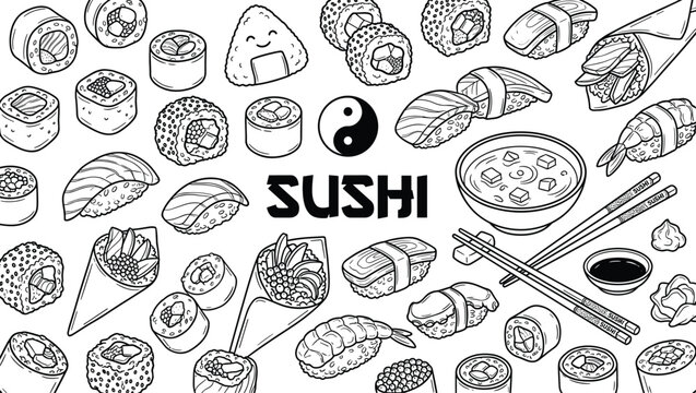 Japanese sushi doodle icon background collection featuring delicious maki rolls sashimi nigiri miso soup and chopsticks vector illustrations.
