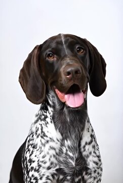 German Shorthair Pointer Portrait Closeup On White Studio Backdrop
