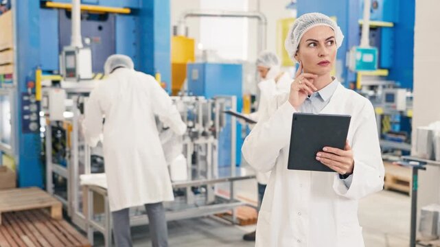 Female lab worker wearing protective cap and coat. Using tablet device while checking machinery. Focused woman inspecting production process at manufacturing factory in tablet.