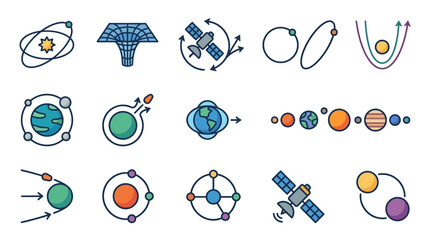 Sleek Educational of Space Science Concepts with Colorful Planets Satellites and Orbits with high quality professional line art symbols for modern creative design and digital branding projects © Jarwo