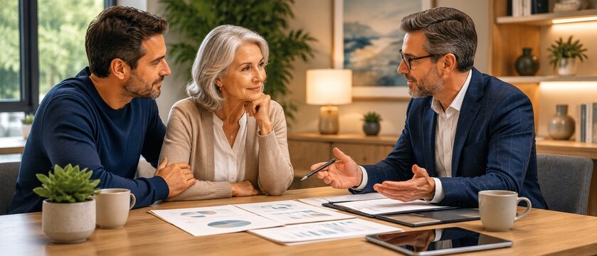 Financial advisor meeting with mature woman and younger man