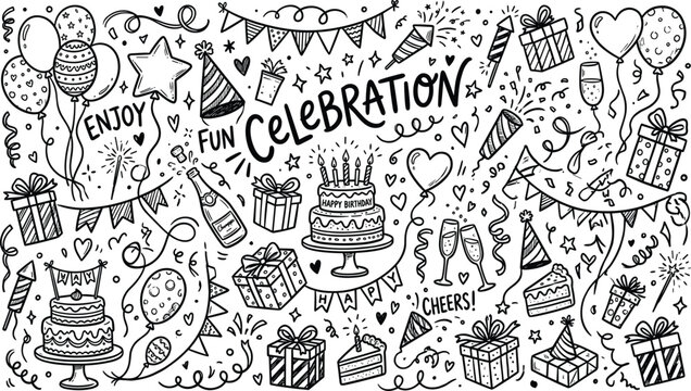 Birthday celebration doodle element collection featuring party balloons birthday cake gifts fireworks bunting flags and confetti vector illustrations.