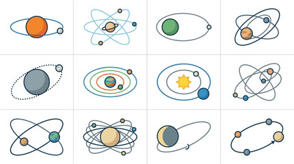 Elegant Collection of Colorful Atomic and Planetary Orbit Illustrations with Celestial Bodies with high quality professional line art symbols for modern creative design and digital branding projects © Jarwo