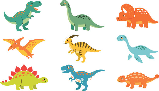 Cute Cartoon Dinosaur Character Collection with Tyrannosaurus Rex Triceratops Stegosaurus and Pterodactyl Vector Illustrations for Kids Nursery and Graphic DesignsCute Cartoon Dinosaur Character Colle