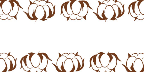 Cotton flower border with brown outline and white copy space. Decorative floral frame element. Minimalist natural plant graphic. Illustration for greeting card design in line art style. © Iryna