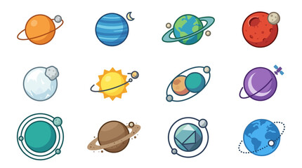 Professional Colorful Set of Celestial Bodies Including Planets Moons Sun Asteroid and Comet with Rings and Orbits © Jarwo