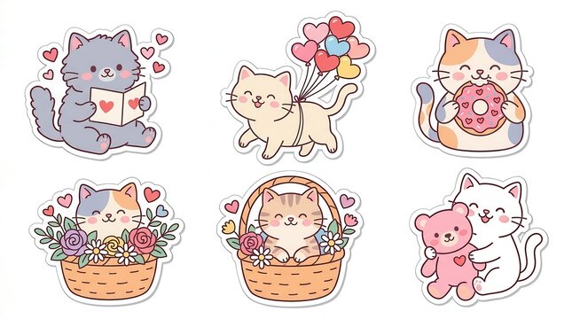 Six sweet cartoon cats in cheerful acts, with hearts and flowers