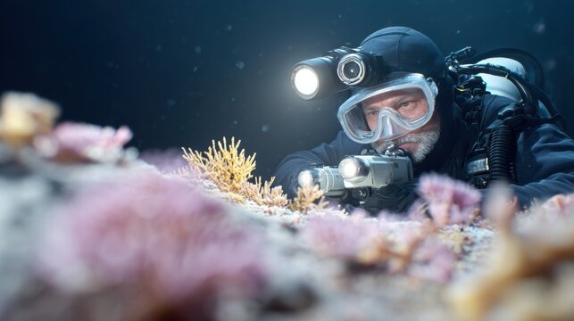 Scuba diver with twin underwater lights conducting close coral survey for marine research inspection design background and editorial use
