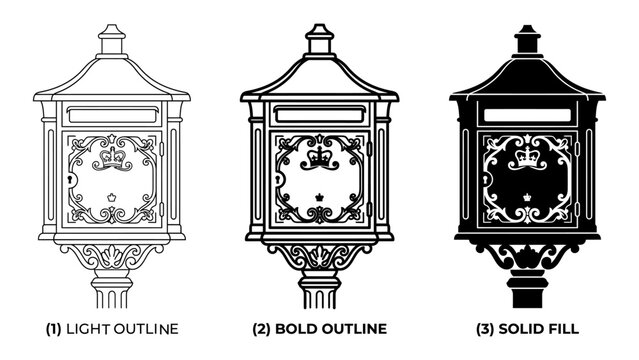 Vintage ornate mailbox wall mount illustration set with letter box, illustration