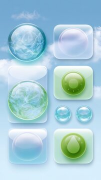 Glossy glass interface elements set in eco skeuomorphic style with blue sky background for app interface design and ui layout