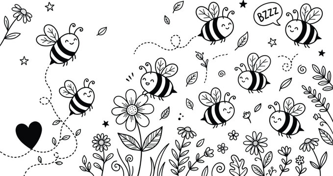 Cute honey bee doodle elements collection featuring happy flying insects garden flowers leaves heart and dotted flight trails vector illustration.