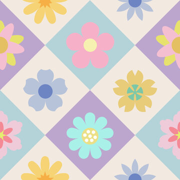 Floral seamless pattern colorful retro flowers in a geometric diamond grid. Soft pastel shades, modern abstract style, clean symmetry, and playful botanical design with repeating motifs. Vector