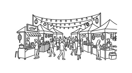Obraz premium Hand drawn illustration of a bustling outdoor street market with food stalls and people.