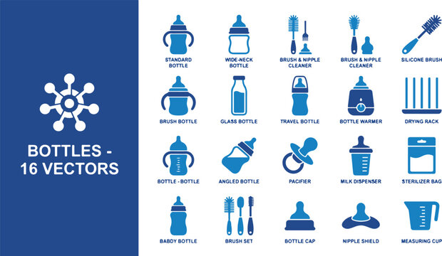 Baby bottles and pacifiers icons set including baby food and spoons vectors