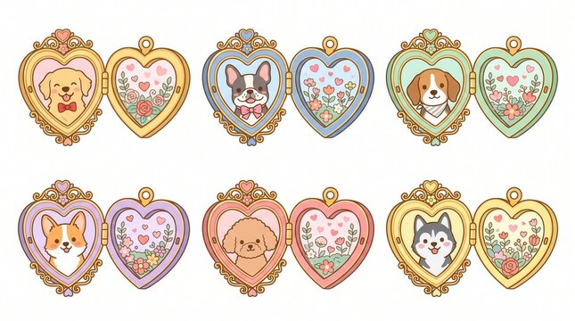 Six vibrant heart-shaped lockets open to reveal cute dog faces and whimsical flower patterns