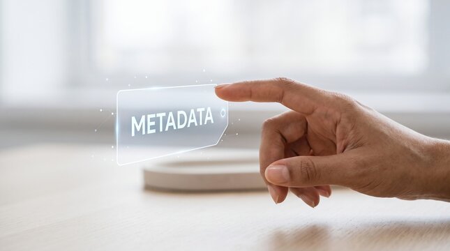 A person interacting with a digital metadata label floating in a bright office environment representing modern data management with human finger touching glowing