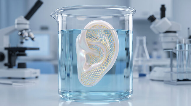 Biomedical Engineering Concept Biocompatible 3D Printed Human Ear in Sterile Solution