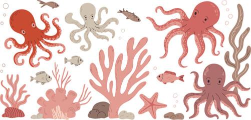 Cute hand drawn collection of various colorful octopuses with sea creatures and coral reef elements on white background © Hena