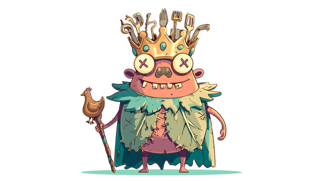 A whimsical cartoon illustration of a quirky monster king with an X-eyed face, a leaf cape, and a chicken-topped staff.
