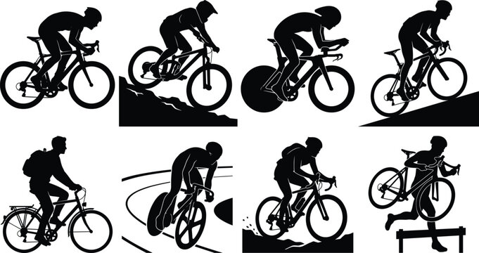 Cycling sports icon set featuring professional bicycle riders and diverse athletic race vector silhouettes