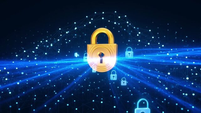 Digital cybersecurity concept with golden padlock and network data protection animation