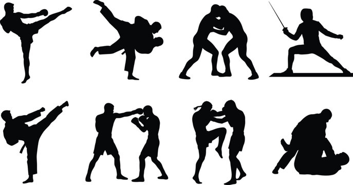 Martial arts and combat sports icon set featuring professional fighters and athletic training vector silhouettes