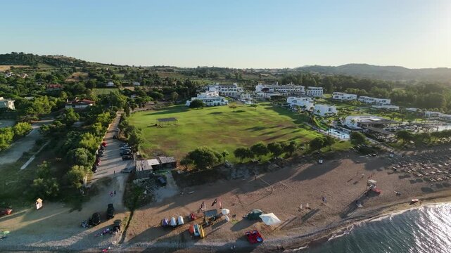 Lakkopetra beach, Patras Greece, the beachfront with calm weather and evening summer light.