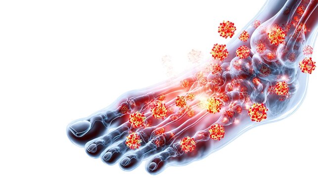 Realistic medical 3D illustration of human joint inflammation caused by gout disease, painful uric acid crystal buildup in toe joint, anatomical close-up showing swollen tissue, medical infographic