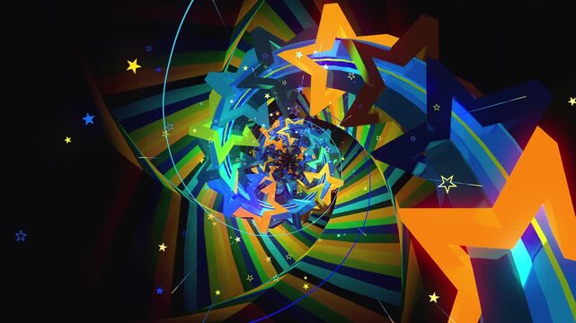 Abstract digital VJ loop vortex made of twisting lattice segments, spiral star arrays and complex data structures, creating deep astrophysics science background