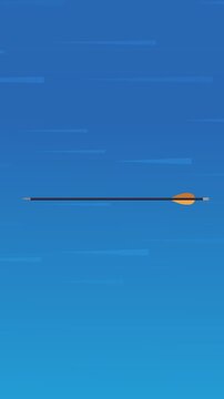 Loopable animation of an arrow flying fast through a blue sky backdrop. Concept of speed, progress, and aiming for goals.