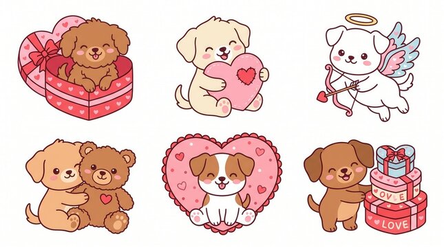 Six adorable cartoon puppies share sweet Valentine's Day affection